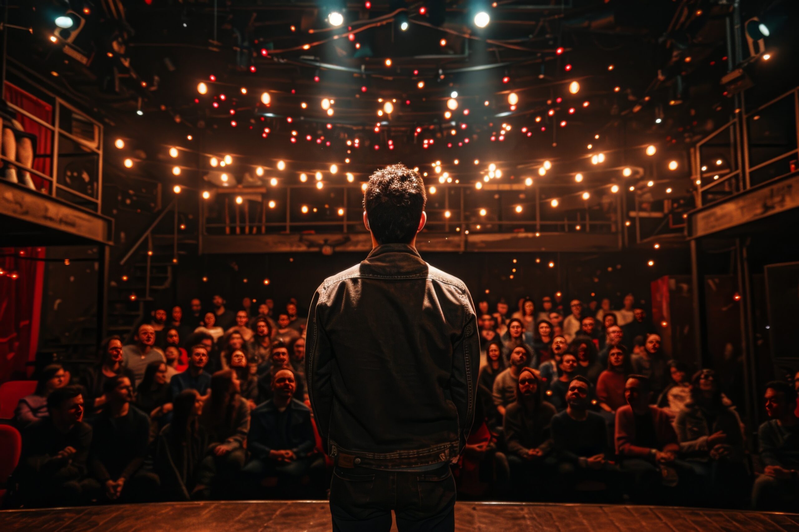 A young male actor confidently performs on a brightly lit stage, captivating a large audience in a dark theater. The spectators are seated in rows, immersed in the actors emotive performance.
